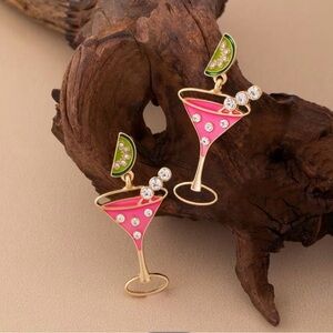 Martini Gold Tone Cocktail Glass Rhinestones Earrings